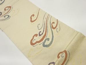 草木染抽象荒波に菱・花々模様織出し袋帯